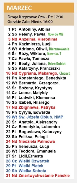 Kolumna marca z kalendarza plakatowego: Droga Krzyżowa w czwartki i piątki o 17:30, Gorzkie Żale w niedziele o 16:00, Niedziela Palmowa, Triduum