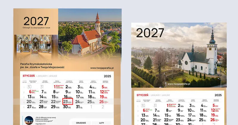 Kalendarze parafialne na 2027 rok ze zdjęciem wiejskiego kościoła wśród pól i drzew