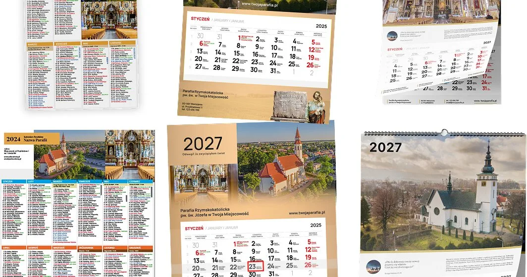 Trzy rodzaje kalendarzy parafialnych na 2027 rok: plakatowy, jednodzielny z blokiem i spiralowany