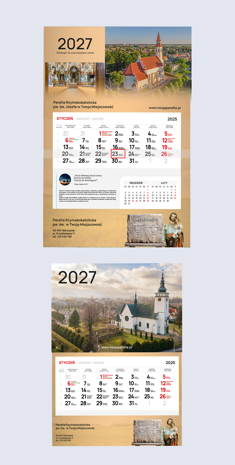 Porównanie wielkości kalendarza klasycznego 340 × 480 mm i mniejszego 297 × 420 mm